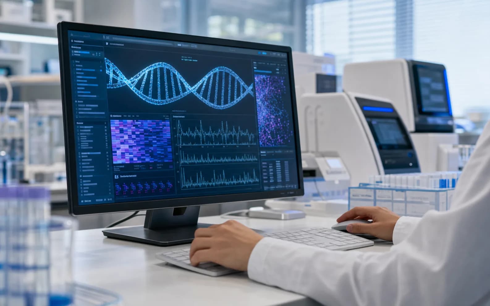 Realistic genomics lab workstation showing DNA analysis on a monitor