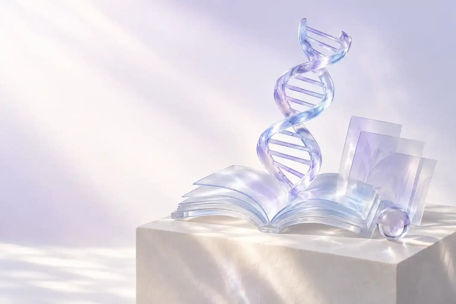 Glass DNA sculpture rising from an open book