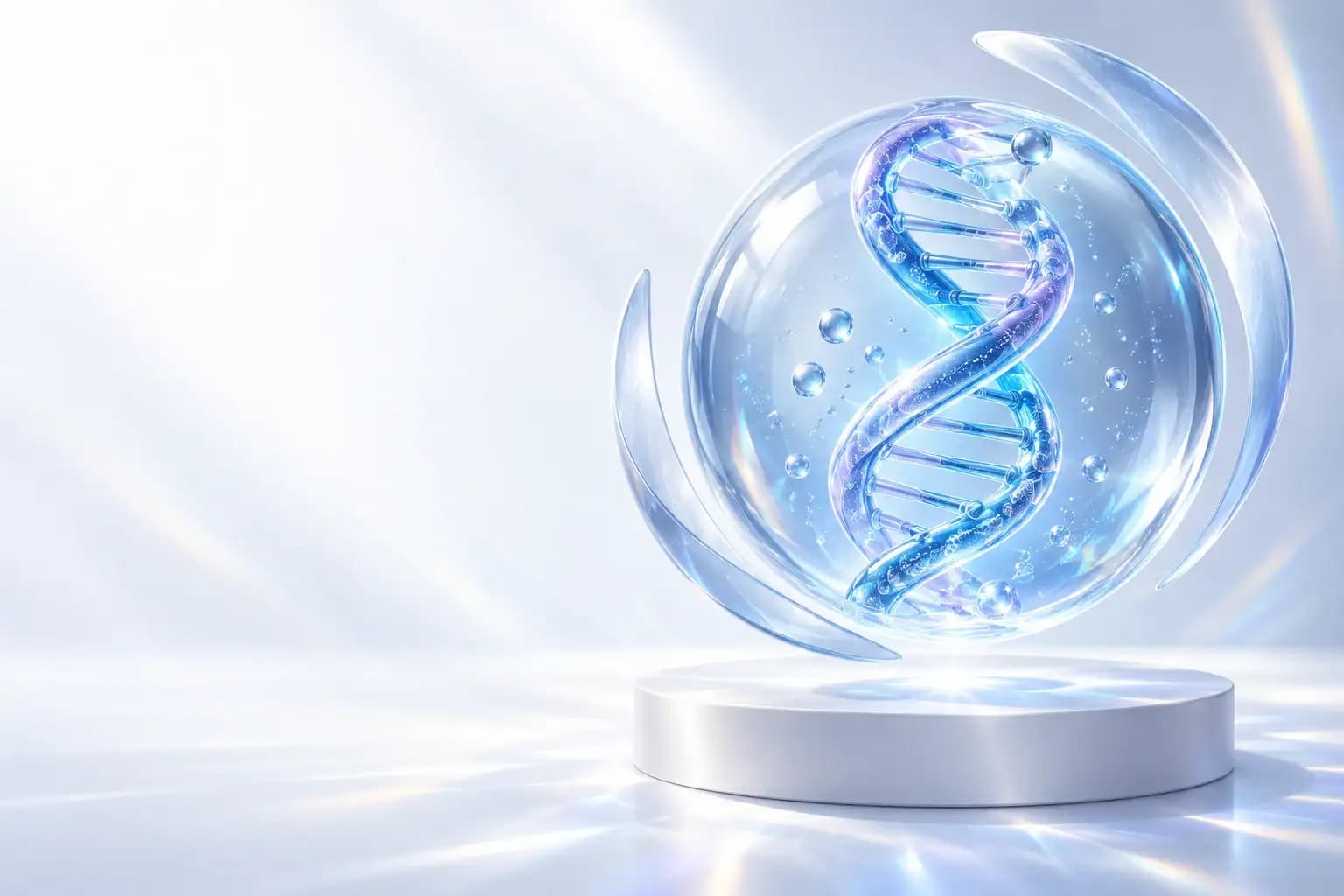 A glass DNA sculpture representing genetic discovery